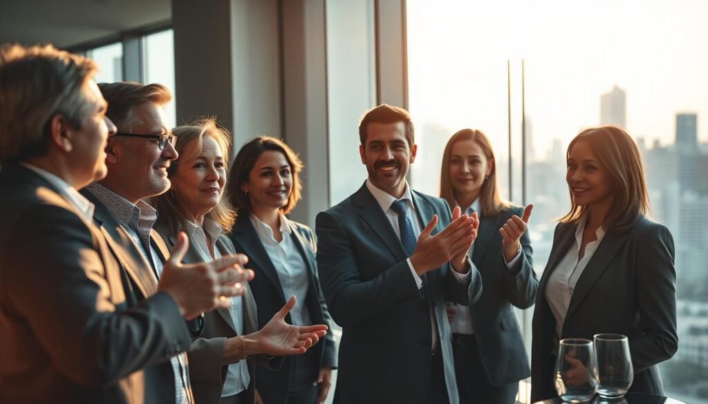 A well-lit, cinematic image of angel investors. In the foreground, a group of prosperous, confident individuals in business attire, gesturing animatedly as they discuss investment opportunities. In the middle ground, a sleek, modern office setting with floor-to-ceiling windows overlooking a bustling city skyline. The background is softly blurred, evoking a sense of focus and intensity. Warm, golden lighting casts a benevolent glow, symbolizing the nurturing, supportive nature of angel investors. The composition conveys a feeling of opportunity, innovation, and the collaborative spirit of angel investing.