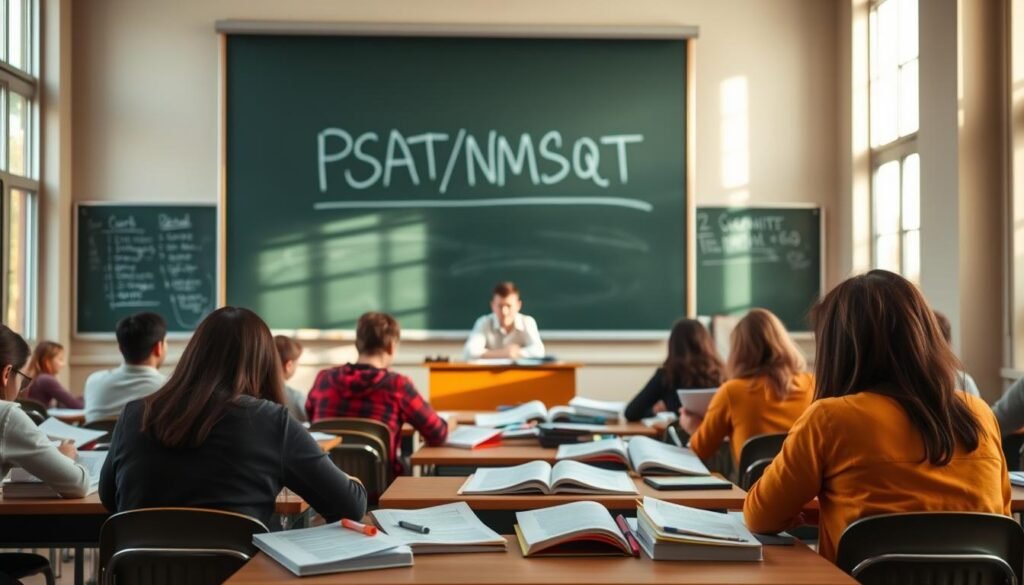 A well-lit classroom setting, with a large chalkboard displaying the "PSAT/NMSQT" exam title in bold text. In the foreground, a group of high school students diligently studying practice materials, including test-taking strategies and sample questions. Scattered across their desks, textbooks, highlighters, and notebooks convey a sense of focused preparation. The middle ground features a teacher's desk, where a stern-yet-encouraging educator oversees the study session. Warm, natural lighting filters in through large windows, casting a studious ambiance throughout the room. The background subtly blurs, drawing the viewer's attention to the students' engaged expressions as they ready themselves for the PSAT/NMSQT, the gateway to the prestigious National Merit Scholarship.