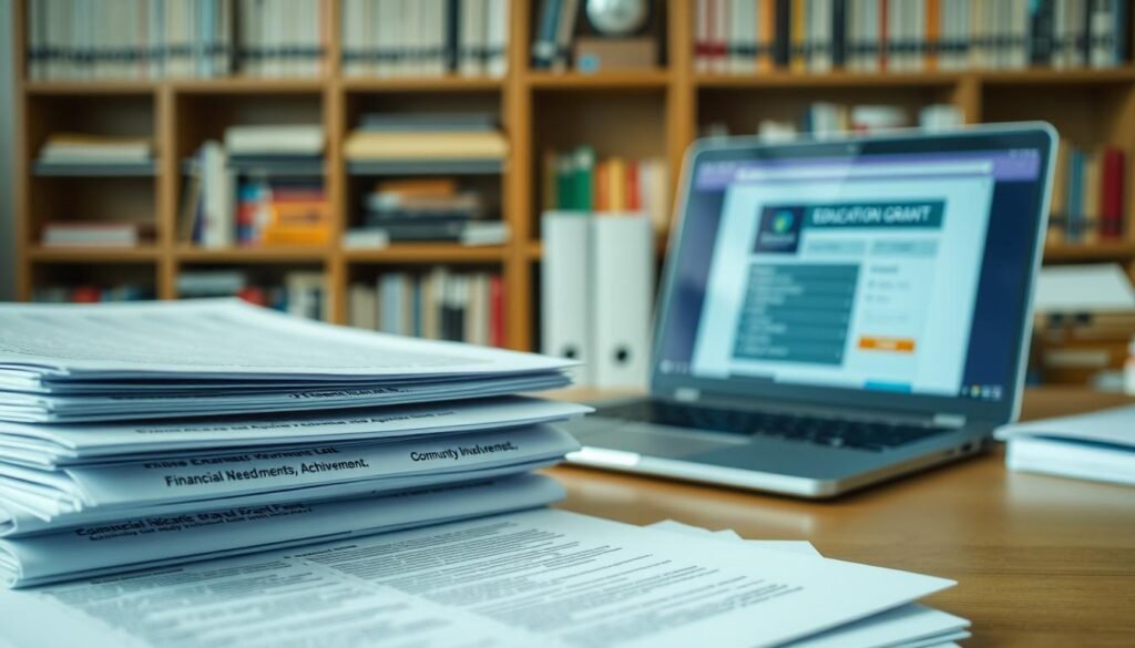 A well-lit, crisp photograph showcasing the key requirements for education grant eligibility. In the foreground, a stack of documents and forms with prominent headings highlighting criteria such as financial need, academic achievement, and community involvement. In the middle ground, a laptop displaying an online grant application portal, underscoring the digital application process. The background features a bookshelf filled with reference materials, conveying the research and preparation required. The overall scene projects a professional, organized, and meticulous atmosphere, emphasizing the importance of understanding and meeting the necessary qualifications to secure education funding.