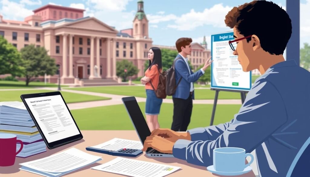 A well-lit, detailed illustration of the Bright Futures scholarship application process. In the foreground, a student sits at a desk, carefully filling out an online application form on a laptop. Surrounding them, a stack of documents, a calculator, and a cup of coffee suggest the diligence required. In the middle ground, a group of students discuss the requirements, gesturing towards a wall-mounted informational poster. The background features a university campus, with stately buildings and lush greenery, evoking the academic environment. The scene conveys a sense of focus, determination, and the promise of a bright educational future.