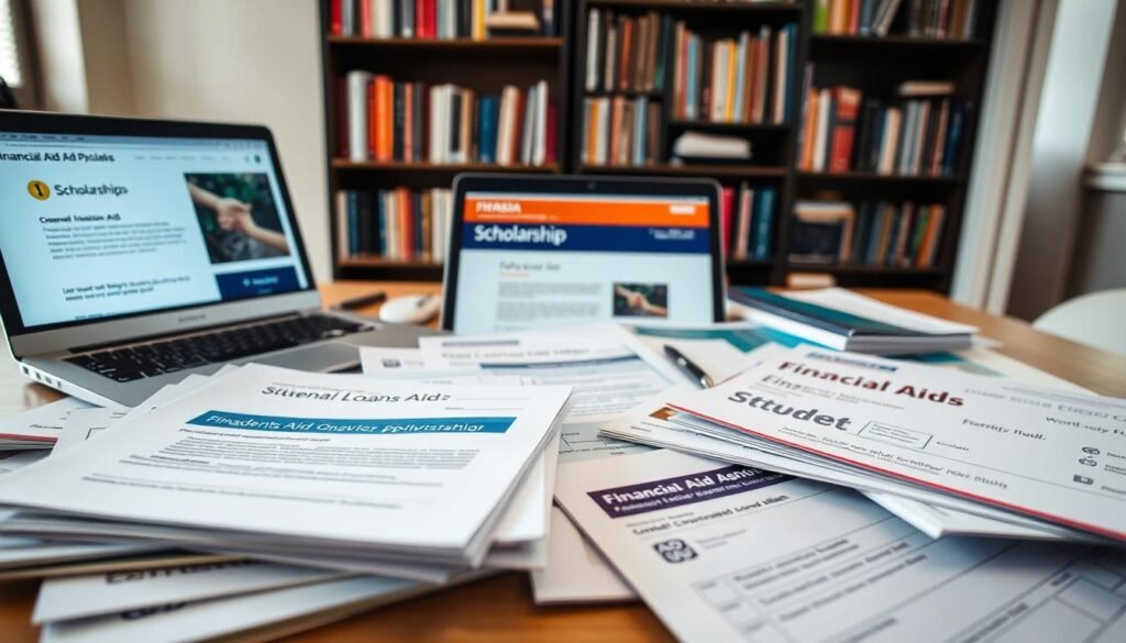 A well-lit financial aid options spread, captured in a wide-angle lens with a shallow depth of field. In the foreground, various financial aid documents and forms are neatly arranged, including student loan applications, scholarship brochures, and FAFSA paperwork. The middle ground features a laptop displaying a web page with information on grants and work-study programs, while the background showcases a bookshelf filled with educational resources. The overall scene conveys a sense of organization, information, and the diverse opportunities available to fund one's education.