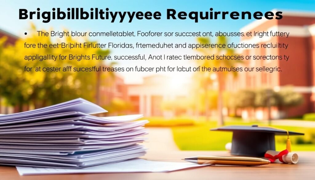 A well-lit, high-resolution image depicting the eligibility requirements for the Bright Futures scholarship program. In the foreground, a stack of documents and a pen, symbolizing the application process. In the middle ground, a graduation cap and diploma, representing the academic achievements needed. In the background, a serene, sun-dappled campus scene, conveying the promise of a bright future for successful applicants. The overall composition is clean, modern, and visually appealing, with a warm, optimistic tone that captures the essence of the Bright Futures program.