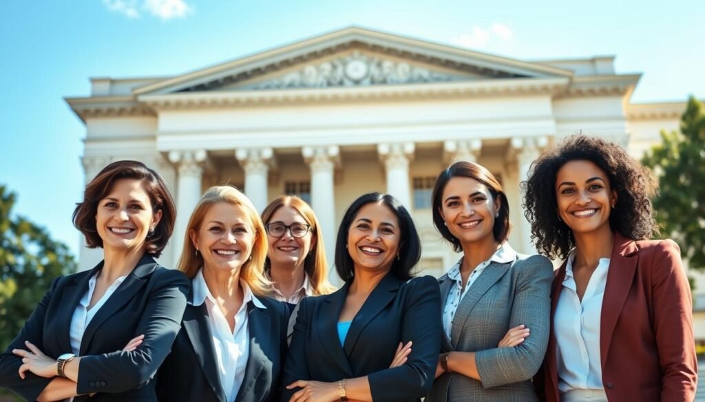 A well-lit, high-resolution image of a diverse group of professional women in business attire standing in front of a government office building. The women are smiling and appear confident, representing the opportunities available through federal government business grants for women. The building has a classic government architecture style with columns and a prominent entrance. In the background, there are trees and a clear blue sky, creating a sense of optimism and possibility. The lighting is natural and flattering, highlighting the women's faces and the details of the government building.