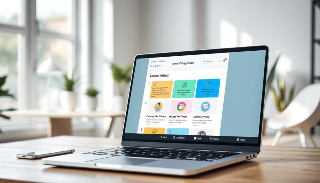 A well-lit, high-resolution image of an online course platform showcasing various grant writing courses. The foreground features a laptop displaying a course syllabus, with a sleek, modern user interface. In the middle ground, colorful icons and graphics representing different grant writing topics are arranged neatly. The background depicts a serene, minimalist workspace with a desk, potted plants, and soft, natural lighting filtering through large windows. The overall atmosphere conveys a sense of productivity, professionalism, and accessibility, perfectly suited for an article on grant writing certification and training.