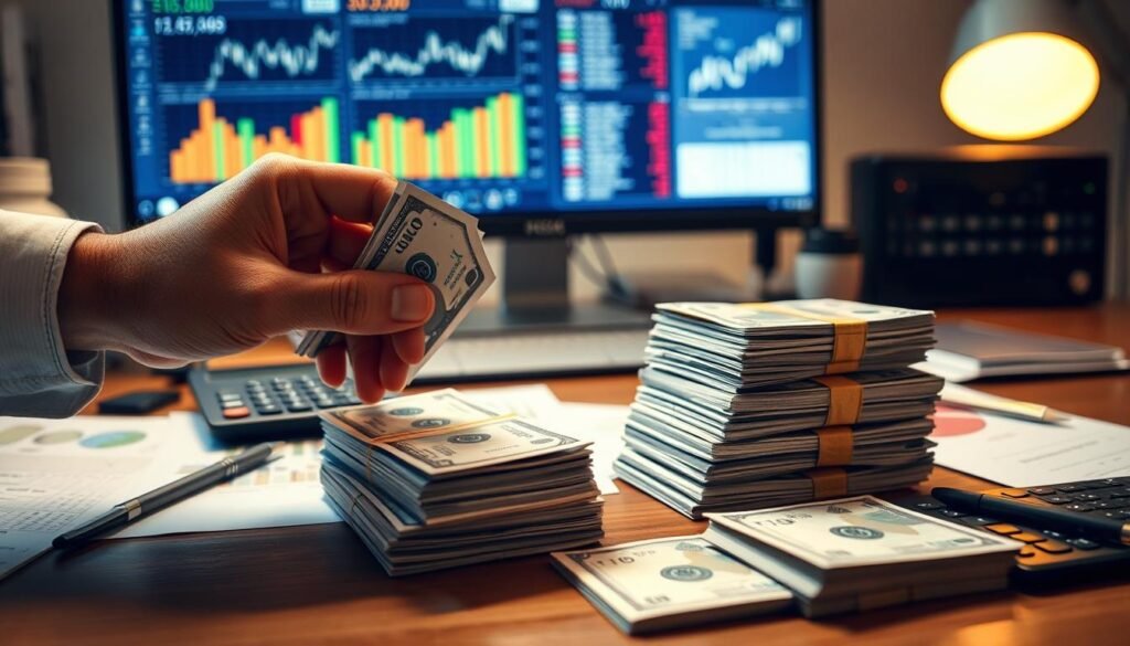 A well-lit, high-resolution photograph of a businessman's desk, showcasing various financial documents, a calculator, and stacks of cash neatly organized. In the foreground, a hand is arranging the cash into piles, demonstrating the process of building a cash reserve. The middle ground features a computer monitor displaying financial data and charts, with a warm, focused lighting accentuating the desktop scene. The background blurs softly, highlighting the importance of the cash reserve strategies being depicted.