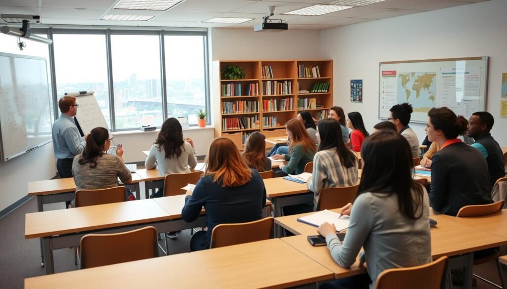 A well-lit, modern classroom with rows of desks and a large whiteboard at the front. In the foreground, a group of diverse educators engage in a lively discussion, exchanging ideas and taking notes. The middle ground features a teacher leading a presentation, using a projector to display educational materials. In the background, a bookshelf filled with educational resources and a window overlooking a scenic cityscape. The overall atmosphere conveys a sense of professional development, collaboration, and a commitment to advancing knowledge and skills.