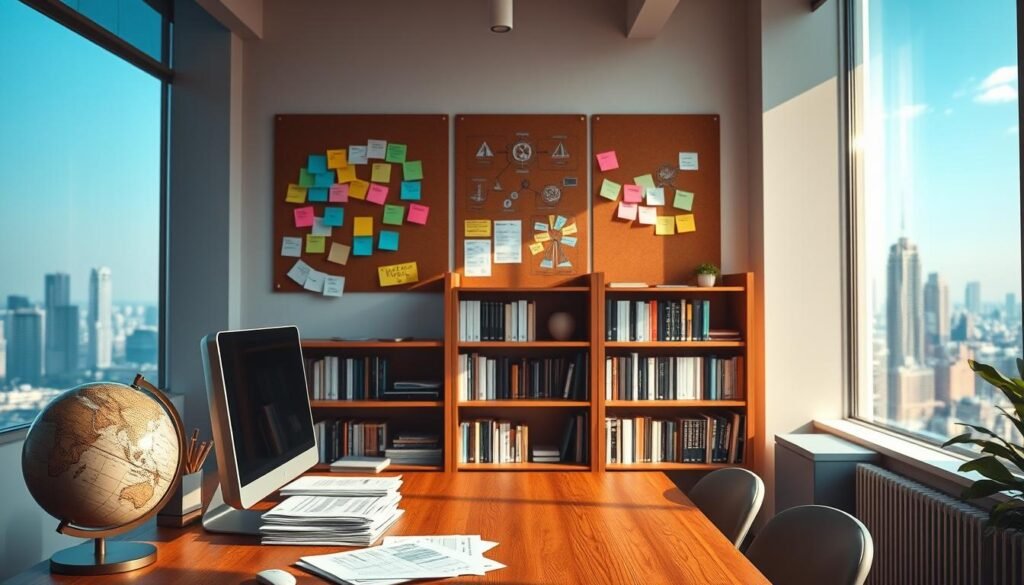 A well-lit, modern office interior with a large window overlooking a bustling city skyline. In the foreground, a wooden desk with a desktop computer, a stack of research papers, and a globe. Hanging on the wall behind the desk, a corkboard with colorful sticky notes and diagrams, representing active research projects and innovative ideas. Soft, diffused lighting illuminates the space, creating a professional and focused atmosphere. In the middle ground, a bookshelf filled with volumes on science, technology, and entrepreneurship. In the background, the city skyline shimmers with the energy of a thriving innovation hub, hinting at the broader ecosystem of funding opportunities for small businesses and research initiatives.