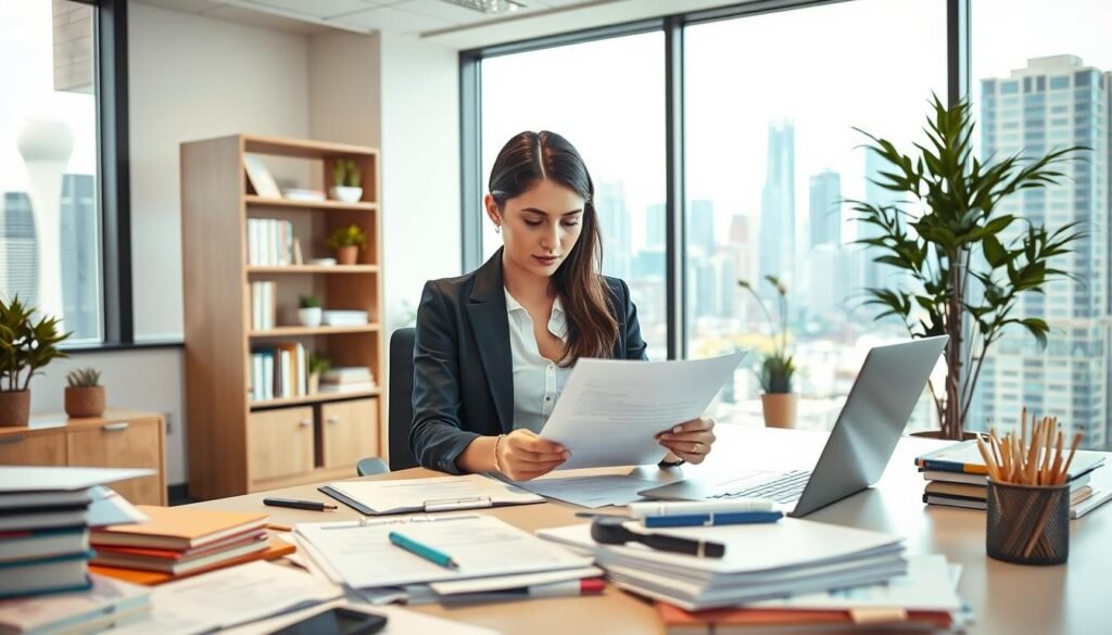 A well-lit modern office interior with a woman sitting at a desk, intently studying documents and forms. The foreground features an array of office supplies and a laptop, conveying a professional, focused atmosphere. In the middle ground, a bookshelf and decorative plants add a sense of organization and productivity. The background showcases large windows offering a view of a bustling city skyline, suggesting a vibrant business environment. The overall mood is one of determination and diligence as the woman navigates the process of applying for a small business grant.
