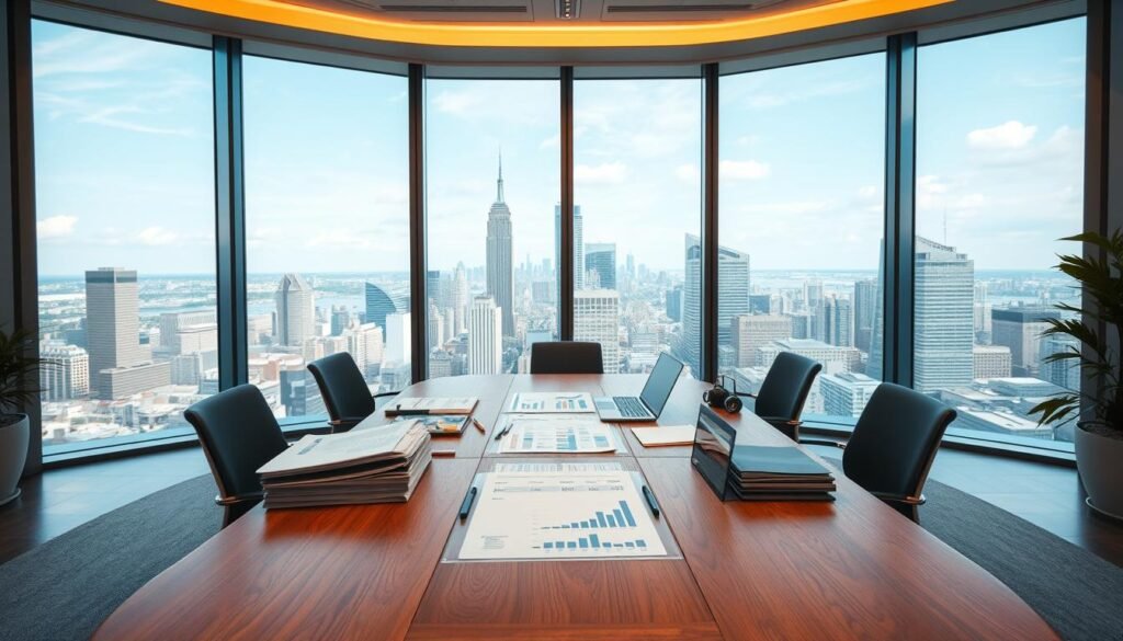 A well-lit modern office with a large wooden table at the center. On the table, various financial documents, charts, and a laptop are neatly arranged. In the background, floor-to-ceiling windows offer a panoramic view of a bustling city skyline. The atmosphere is professional and sophisticated, conveying a sense of private funding resources available for business needs. Soft, warm lighting illuminates the scene, creating a welcoming and inviting ambiance.
