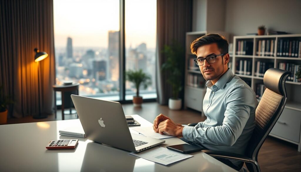 A well-lit modern office, with a sleek desk and ergonomic chair. In the foreground, an entrepreneur sits, laptop open, surrounded by financial documents, a calculator, and a cup of coffee. The middle ground features a bookshelf filled with relevant business books, and a large window overlooking a vibrant cityscape. Soft, warm lighting illuminates the scene, creating a focused and productive atmosphere. The entrepreneur's expression is one of determination and focus, as they prepare to secure early-stage funding for their startup venture.