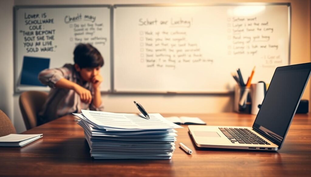 A well-lit office desk, neatly organized with a laptop, a stack of scholarship application forms, and a pen poised to write. The background features a whiteboard with inspirational quotes and checklists, conveying a studious and focused atmosphere. Warm, diffused lighting creates a sense of diligence and determination, as the figure of a student leans over the desk, carefully reviewing the documents. The overall scene suggests a thoughtful, strategic approach to the process of applying for academic scholarships.