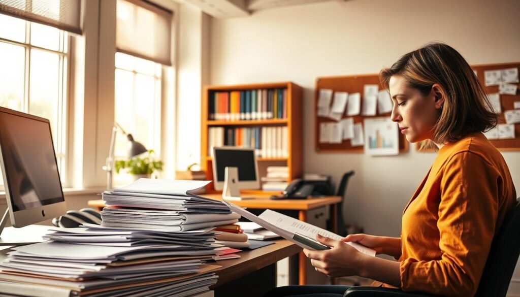 A well-lit office scene, warm lighting filtering through large windows. In the foreground, a person diligently reviewing documents, highlighter in hand, surrounded by stacks of papers and a laptop. In the middle ground, a desk with a desktop computer, organized folders, and a telephone. The background features a bookshelf filled with relevant materials, a cork board with reminders and deadlines, conveying the methodical process of completing a grant application.