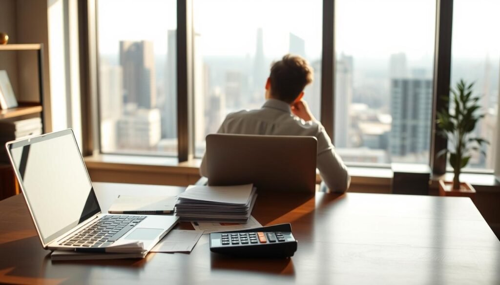 A well-lit office scene, with a desk and chair in the foreground. On the desk, a laptop, a stack of documents, and a calculator, symbolizing the financial aspects of managing student loan debt. In the middle ground, a person sitting at the desk, intently focused on their work, conveying a sense of determination and responsibility. The background features a large window overlooking a cityscape, suggesting the broader context and goals of financial planning. The lighting is warm and natural, creating a productive and contemplative atmosphere. The overall composition conveys the methodical and thoughtful process of managing student loan debt.