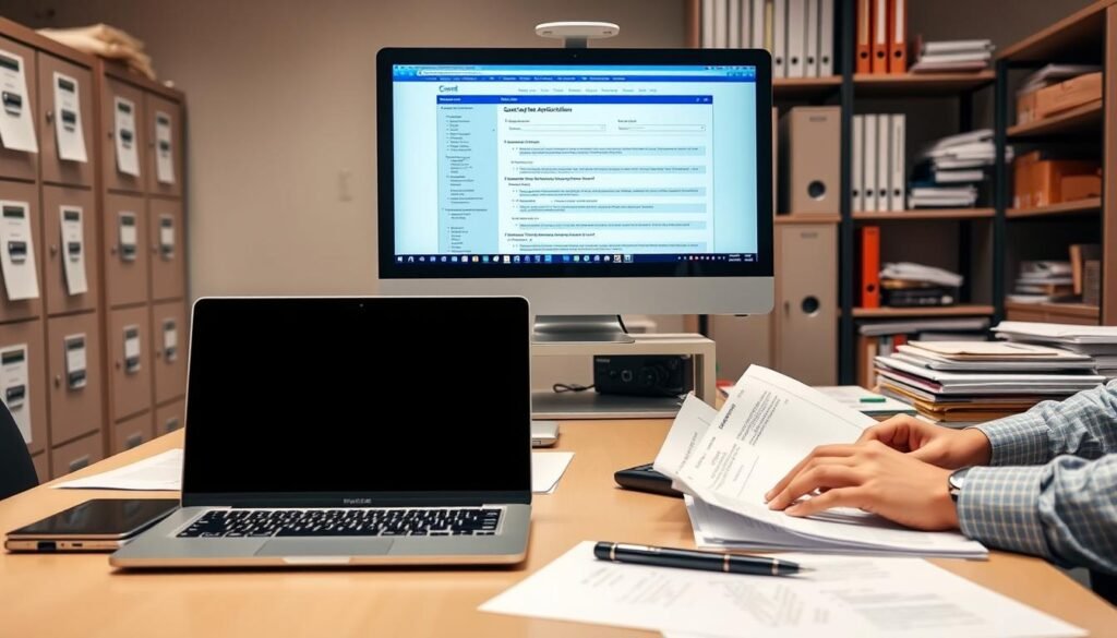 A well-lit office setting, with a desk holding a laptop, papers, and a pen. The desk is surrounded by filing cabinets and shelves filled with folders and documents. A desktop computer monitor displays a grant application form, with a person's hands typing on the keyboard. The scene conveys a sense of focused productivity, with the lighting emphasizing the important paperwork and digital components of the grant application management process.