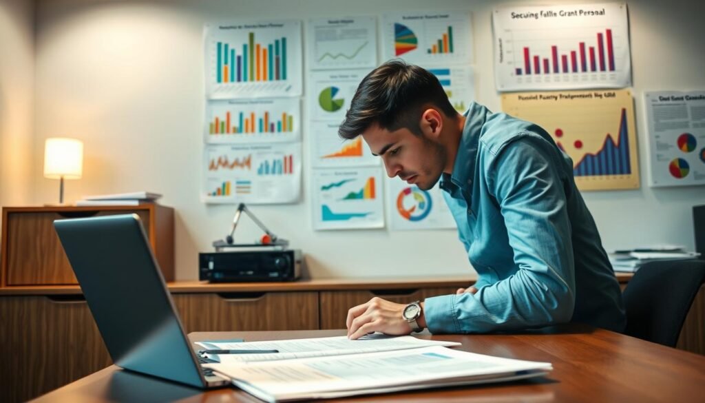 A well-lit office setting, with a wooden desk, a laptop, and a stack of documents. In the foreground, a person hunched over the desk, meticulously reviewing grant proposal drafts. On the wall behind them, an array of colorful graphs and charts illustrate successful strategies for securing grant funding. Soft, directional lighting casts a focused glow on the workspace, creating a sense of concentration and determination. The atmosphere is one of focused productivity, with an underlying current of excitement and anticipation for the potential outcomes of the grant proposals.