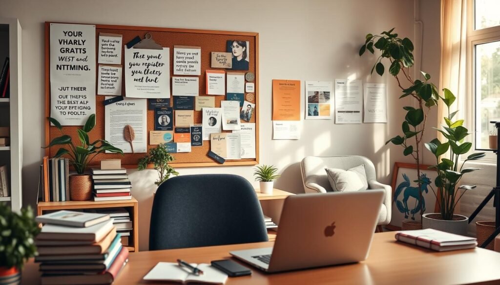A well-lit office space with an abundance of resources for women entrepreneurs. In the foreground, a neatly organized desk showcases inspirational books, stationery, and a laptop. The middle ground features a bulletin board filled with motivational quotes, business cards, and networking event flyers. The background depicts a cozy, plant-filled corner with a comfortable chair, offering a space for reflection and ideation. Warm, natural lighting fills the room, creating a nurturing and empowering atmosphere for the modern, driven woman entrepreneur.
