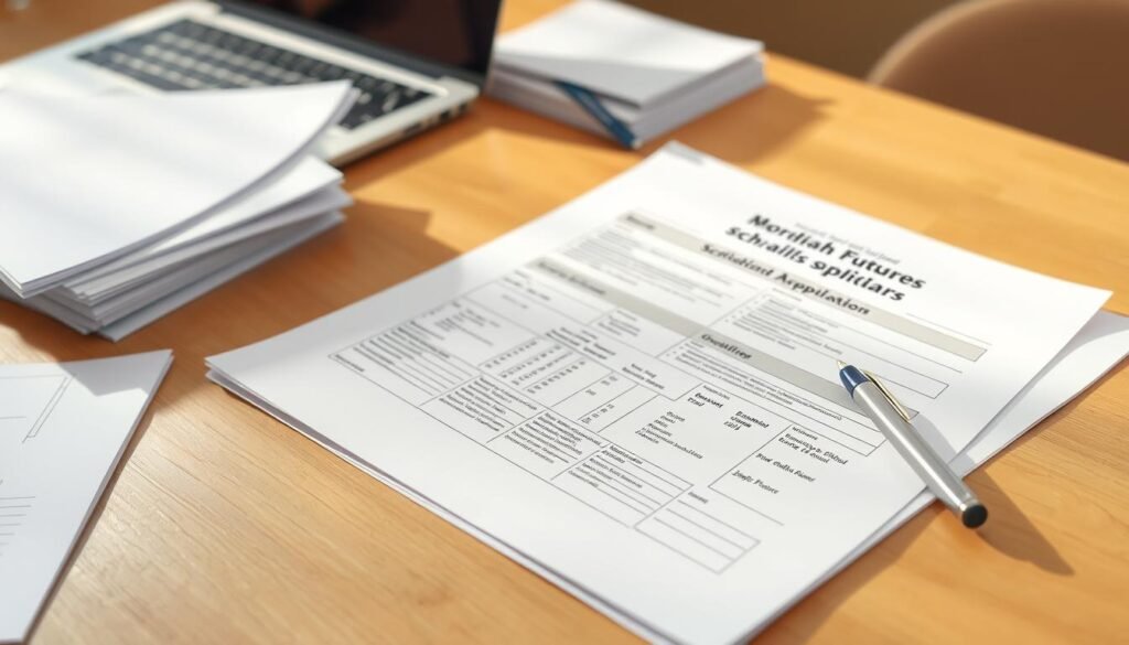 A well-lit, photorealistic image of a Florida Bright Futures Scholarship application form lying on a clean wooden desk. The form is open, showcasing the various sections and fields to be filled out. Surrounding the form are neatly organized stacks of documents, a laptop, and a pen poised for use. The scene is bathed in warm, natural lighting, creating a sense of focus and productivity. The overall atmosphere conveys the care and attention required to navigate the financial aid application process for this prestigious Florida scholarship.