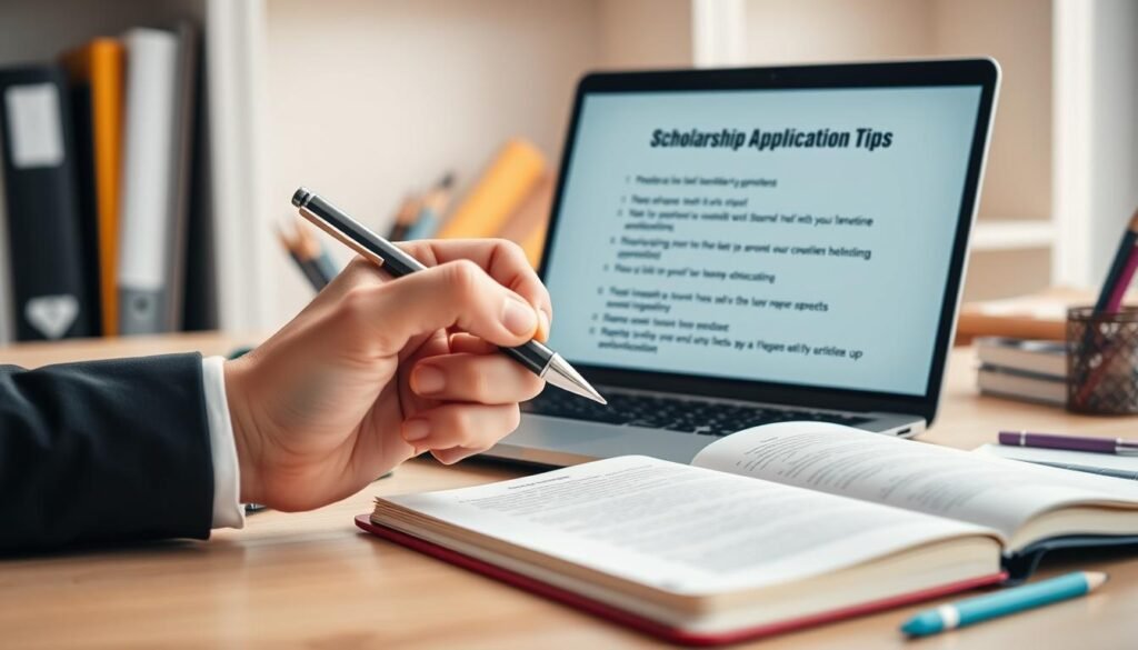 A well-lit, professional-looking desk with a laptop, open notebook, and various stationery items. In the foreground, a hand holds a pen, poised to write. On the laptop screen, a document titled "Scholarship Application Tips" is displayed, with bullet points outlining key information. The background features a soft, blurred bookshelf, creating a sense of an academic, study-like environment. The overall tone is focused, organized, and informative, conveying the importance of carefully preparing a scholarship application.