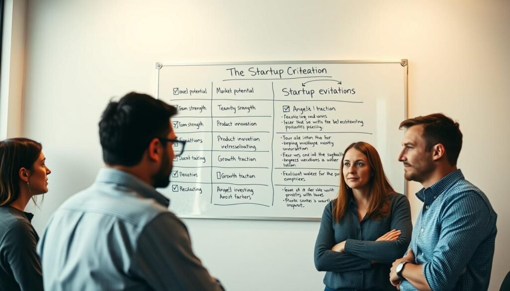 A well-lit, professional-looking office setting with a large whiteboard on the wall. On the whiteboard, a set of neatly organized criteria for startup evaluation, including factors such as market potential, team strength, product innovation, financials, and growth traction. In the foreground, a group of three angel investors discussing the criteria, their expressions thoughtful and engaged. The lighting is soft and warm, creating a sense of serious deliberation. The overall mood is one of diligent analysis and decision-making, reflecting the high-stakes nature of the startup investment process.