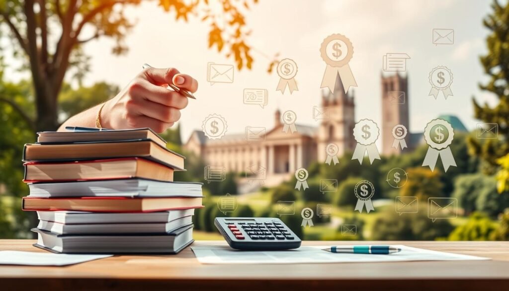 A well-lit, realistic scene depicting various types of higher education funding. In the foreground, a stack of textbooks, a calculator, and a student's hand holding a pen, symbolizing the educational expenses. In the middle ground, various financial aid icons such as dollar signs, scholarship ribbons, and student loan documents. In the background, a university campus with imposing architecture, surrounded by a lush, verdant landscape, conveying the prestigious and scholarly atmosphere of higher education. The scene is bathed in warm, natural lighting, creating a sense of professionalism and authority. The overall mood is one of diligence, aspiration, and the importance of financial support for academic pursuits.