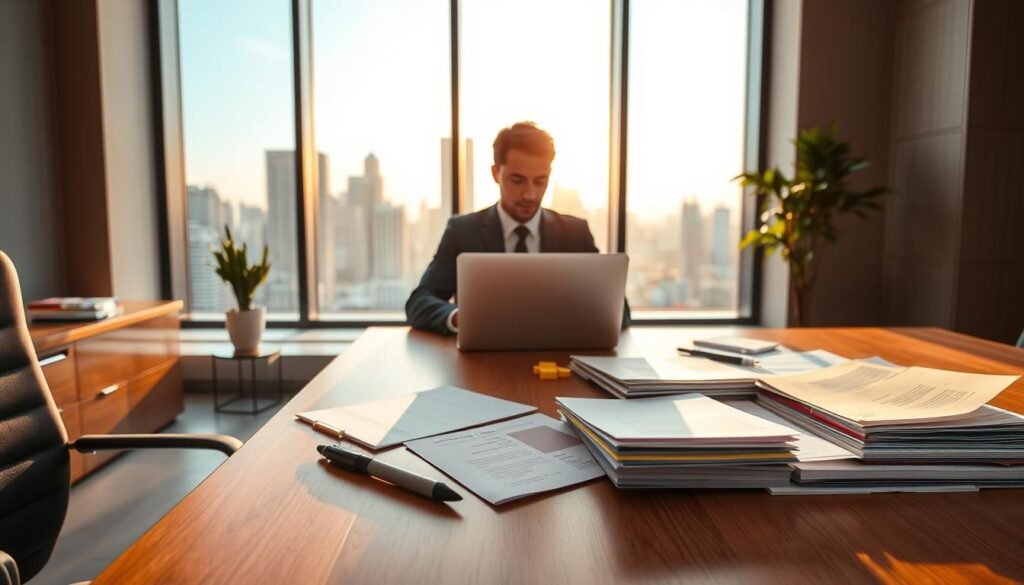 A well-lit, sleek office setting with a large wooden desk in the foreground. On the desk, a laptop, a stack of documents, and various stationery items such as a pen, highlighter, and sticky notes. In the middle-ground, a person in professional attire sitting at the desk, deeply focused on their work. The background features a large, floor-to-ceiling window overlooking a cityscape, bathing the scene in warm, natural light. The overall atmosphere conveys a sense of productivity, organization, and attention to detail - essential skills for successful grant writing.
