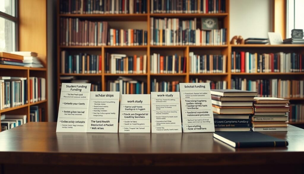 A well-lit, wide-angle photograph of a table displaying various educational funding options, including student loans, scholarships, grants, and work-study programs. The table is set against a backdrop of a bookshelf filled with textbooks and academic materials, conveying an academic and scholarly atmosphere. The lighting is warm and inviting, creating a sense of study and contemplation. The image captures the diverse range of funding sources available to students, with each option clearly labeled and organized, providing a comprehensive overview of the topic.