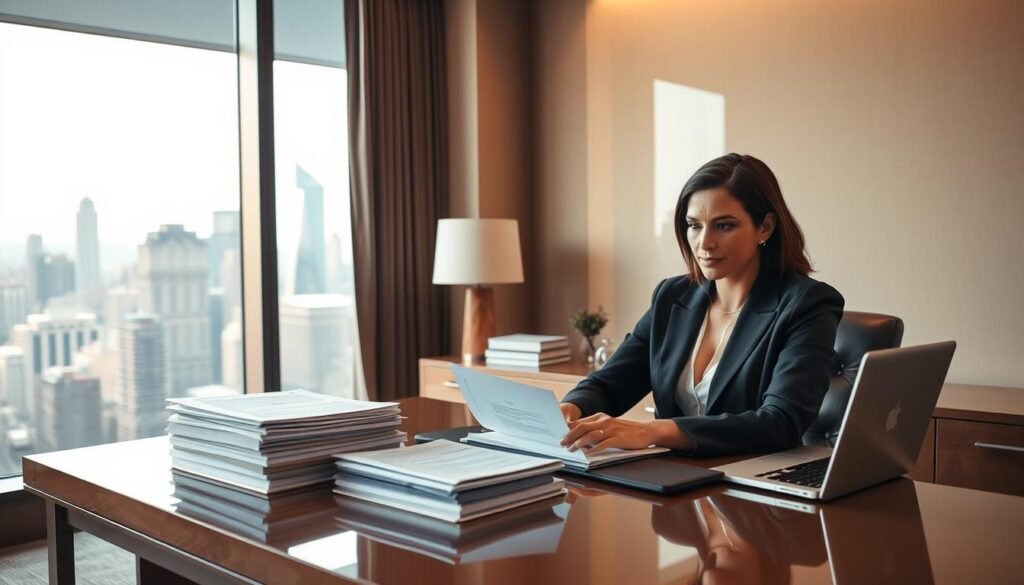 An elegant office setting with a professional business person sitting at a clean, well-organized desk. On the desk, a stack of official-looking documents and a laptop computer, suggesting the process of reviewing and applying for business grants. The background features a large window overlooking a bustling city skyline, casting a warm, natural light throughout the scene. The overall atmosphere conveys a sense of productivity, opportunity, and the potential for securing valuable funding to support the growth and success of the business.