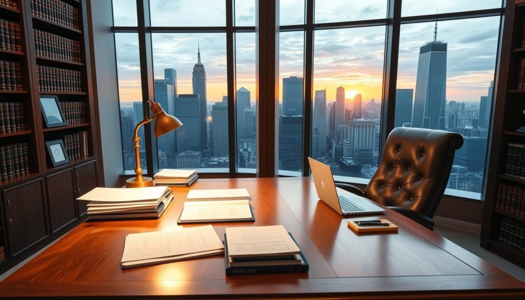 An elegant, well-lit office interior with a large oak desk and leather executive chair. On the desk, there are neatly organized documents, a laptop, and a brass desk lamp casting a warm glow. Bookshelves line the walls, filled with leather-bound volumes. Through floor-to-ceiling windows, a cityscape of skyscrapers and a vibrant sunset can be seen. The scene conveys a sense of professional expertise, financial security, and thoughtful tax planning strategies.
