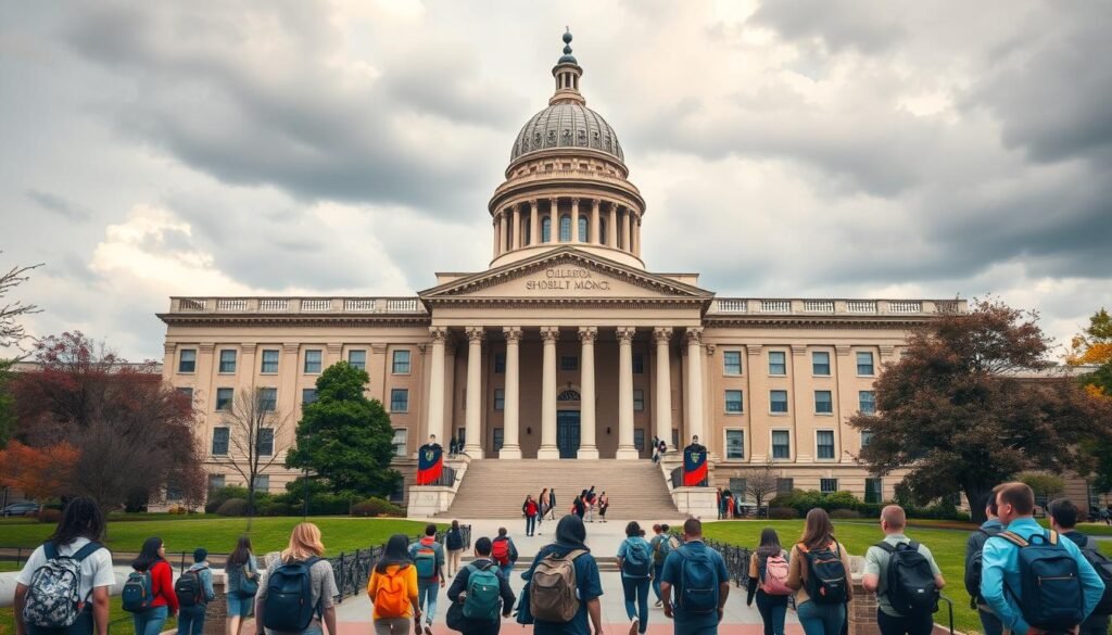 An imposing government building with grand columns and a dome, standing tall against a cloudy sky. In the foreground, a bustling school campus with students hurrying between classes, backpacks in hand. Vibrant colors and dynamic shapes suggest the interplay between government policies and educational funding. Warm lighting casts a pensive mood, inviting the viewer to contemplate the complex relationship between these two institutions. A wide-angle lens captures the scale and significance of this intersection, conveying the importance of understanding educational grants and funding opportunities.