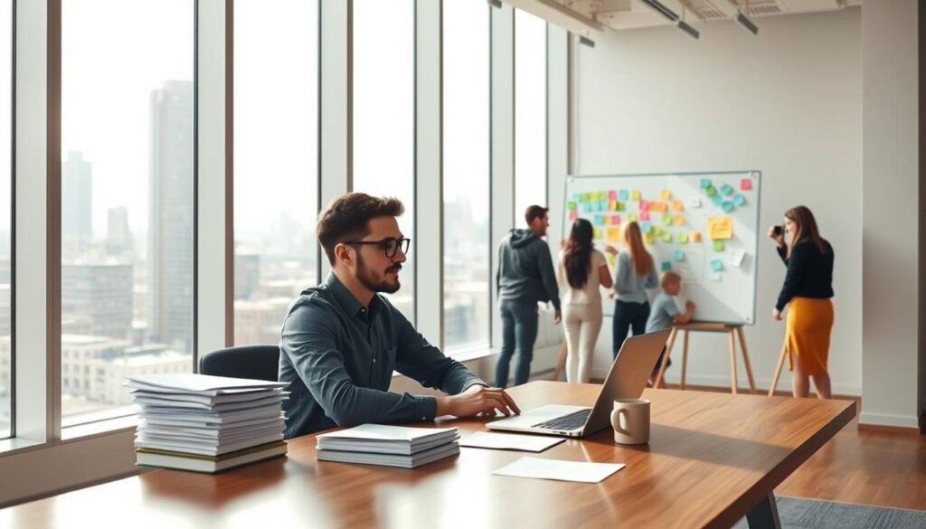 Bright and airy startup office, crisp natural lighting filtering through large windows. In the foreground, an entrepreneur sits at a sleek wooden desk, laptop open, surrounded by stacks of documents and a mug of coffee. In the middle ground, a team of coworkers collaborates on a whiteboard, colorful sticky notes and diagrams covering the surface. The background reveals a panoramic cityscape, skyscrapers and bustling streets, symbolizing the dynamic entrepreneurial ecosystem. The overall mood is one of focused determination, innovation, and the excitement of securing early-stage funding to power the startup's growth.