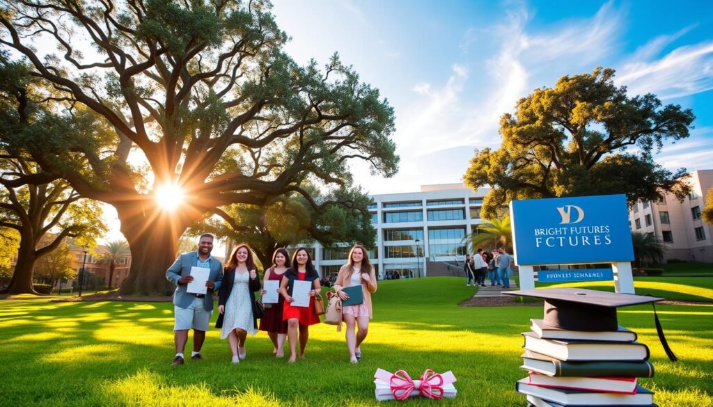 Bright, sun-dappled scene of a university campus lawn, with lush green grass and towering oak trees. In the foreground, a group of diverse students, beaming with pride, holding diplomas and scholarship certificates. A stack of textbooks, a laptop, and a mortar board cap suggest the academic benefits of the Bright Futures award. In the middle ground, a modern university building with a prominent sign displays the Bright Futures logo. The background features a clear blue sky, with wispy clouds and the silhouettes of other campus buildings. Warm, optimistic lighting casts a golden glow over the entire scene, conveying the promise and opportunity of the Bright Futures scholarship program.