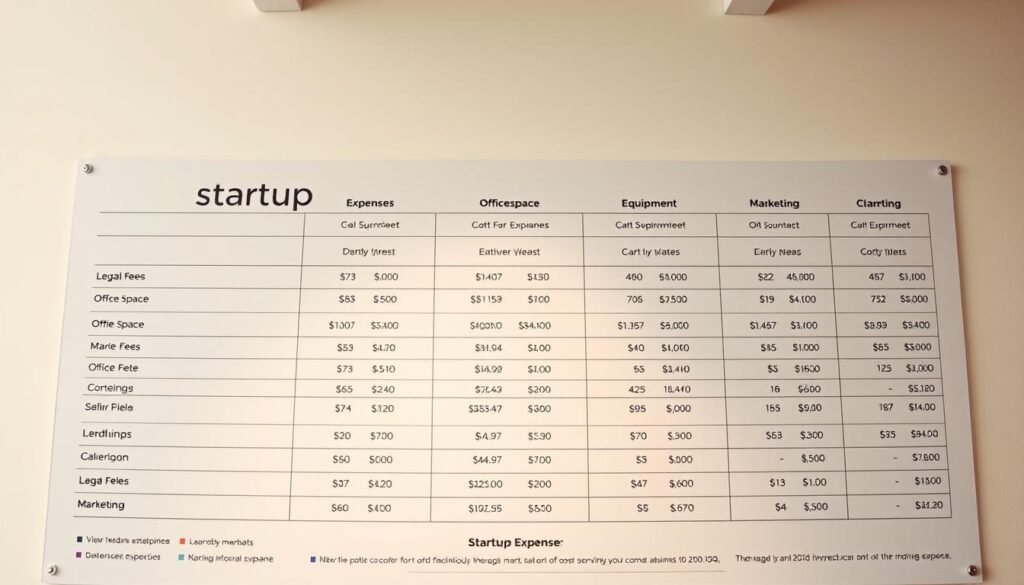 Detailed breakdown of startup expenses displayed on a sleek, minimalist business chart with clean lines and muted color palette. The chart features various cost categories like legal fees, office space, equipment, and marketing, presented in an organized and visually appealing manner. The layout is balanced, with a focus on clear data visualization to aid in financial planning. Soft lighting from above casts a warm glow, creating a professional, analytical atmosphere. The perspective is slightly elevated, giving the viewer a sense of oversight and strategic decision-making. This image effectively communicates the complexities of startup financing in a concise, easy-to-understand format.
