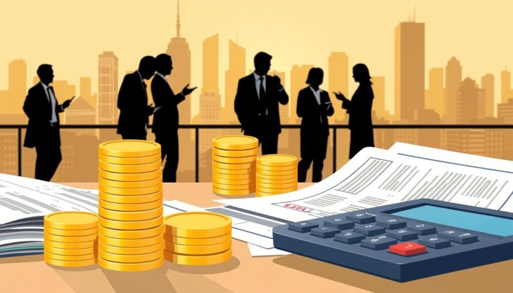 Detailed illustration of various small business financing options. In the foreground, a stack of coins, a calculator, and financial documents. In the middle ground, silhouettes of people discussing loan terms and reviewing applications. The background features a cityscape with skyscrapers, suggesting a bustling financial district. Warm, professional lighting illuminates the scene, creating a sense of seriousness and importance. The overall composition conveys the diverse financing choices available to small businesses, from traditional bank loans to alternative lending options.