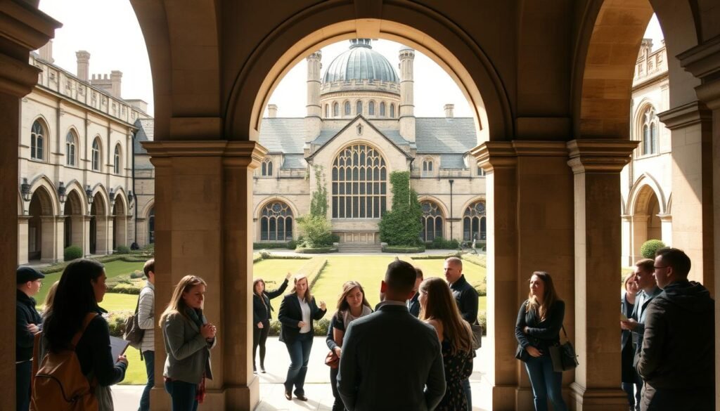 Elegant stone archways frame a sprawling courtyard, the manicured gardens of Oxford University's historic campus. In the foreground, a diverse group of scholars engage in lively discussion, their faces alight with passion and intellect. Behind them, the iconic Radcliffe Camera casts a shadow, a symbol of the Rhodes Scholarship's prestigious legacy and the controversies that have long surrounded it. Soft, diffused lighting creates an atmosphere of scholarly contemplation, while a subtle interplay of light and shadow hints at the complex tapestry of opportunity and critique that defines this renowned academic program.