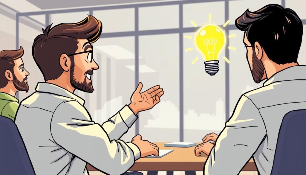 Image of a startup founder pitching to angel investors