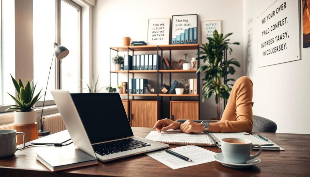 Prompt A modern, well-lit office interior. In the foreground, a desk with a laptop, papers, and a cup of coffee. On the desk, a woman's hands are filling out a business funding application form. In the middle ground, shelves filled with binders and books, and a potted plant. The walls are adorned with inspirational artwork and motivational quotes. The lighting is a warm, natural glow, casting a cozy, productive atmosphere. The overall scene conveys a sense of focus, determination, and the pursuit of entrepreneurial success.
