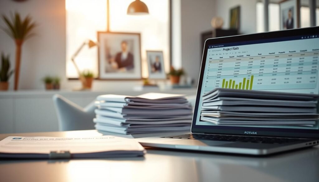 Realistic project goals: A thoughtful business plan with clear, measurable objectives displayed on a well-lit desk. In the foreground, a laptop shows a digital spreadsheet tracking key metrics. In the middle ground, a stack of files and documents convey a sense of diligent organization. The background features a sleek, minimalist office setting with modern decor, evoking a professional, goal-oriented atmosphere. Subtle natural lighting casts a warm, focused glow over the scene, emphasizing the importance of a well-conceived, carefully executed project plan.