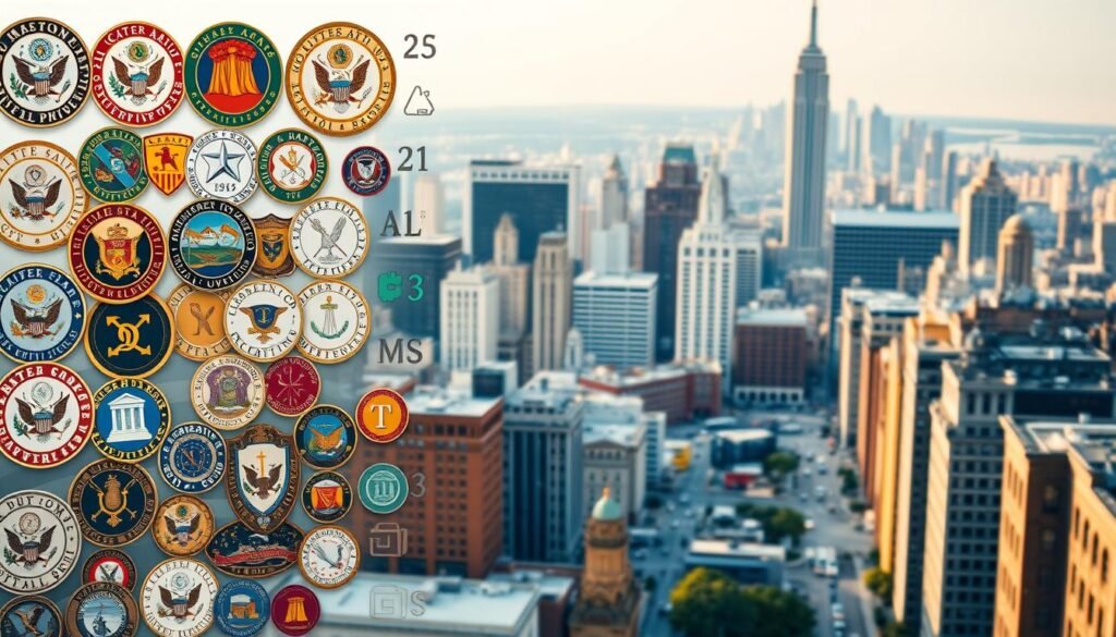 State grant resources, a vibrant tapestry of opportunity. In the foreground, a collection of government seals and emblems, each a unique emblem of state-sponsored funding programs. The middle ground features a diverse array of icons, from business proposals to research grants, all unified by a warm, golden glow. In the background, a majestic cityscape, with towering skyscrapers and bustling streets, a testament to the impact of these state-level resources. Soft, diffused lighting illuminates the scene, creating a sense of approachability and accessibility. Captured through a wide-angle lens, the image conveys the breadth and depth of the state grant landscape, inviting the viewer to explore the myriad possibilities for their business needs.