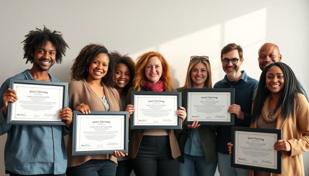 Successful grant proposal testimonials: A well-lit, high-resolution photograph showcasing a group of diverse individuals, each holding up a framed certificate or document against a clean, minimalist backdrop. The subjects' expressions convey a sense of pride, accomplishment, and satisfaction. The lighting is soft and diffused, creating a warm and inviting atmosphere. The image is composed with a focus on the central group, with the background gently blurred to draw the viewer's attention to the testimonials. The overall mood is one of positivity, success, and the transformative power of effective grant writing.