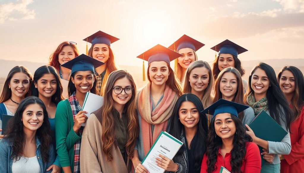 Women scholarships - a diverse group of female students, each with unique achievements and aspirations, gathered together under a warm, inviting light. The foreground features a vibrant array of young women, their expressions conveying a sense of determination and confidence. In the middle ground, academic symbols such as books, graduation caps, and scholarships documents create a backdrop, highlighting the educational focus. The background softly fades into a serene, pastoral landscape, symbolizing the boundless opportunities and bright futures that await these deserving scholars.