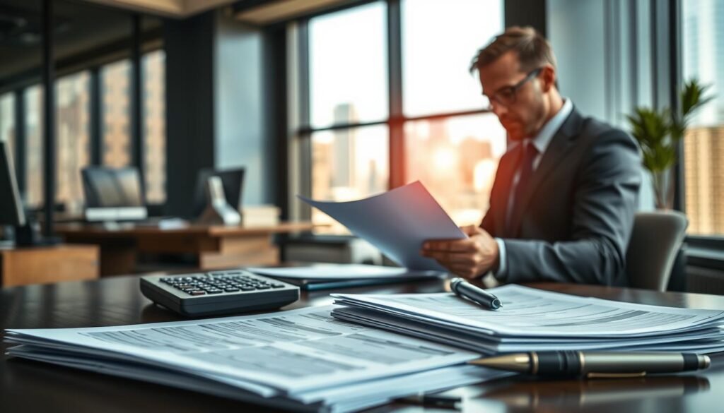 a detailed, photorealistic image of the key benefits of a business line of credit for a company, set in a modern office environment. in the foreground, display a stack of financial documents, a calculator, and a pen to convey the financial aspects. in the middle ground, show a businessperson in a suit reviewing documents with a thoughtful expression, to represent the decision-making process. in the background, include office furniture, technology, and a city skyline visible through a window to establish the professional setting. utilize natural lighting from the window, a shallow depth of field, and a slightly elevated camera angle to create an aspirational, authoritative atmosphere.