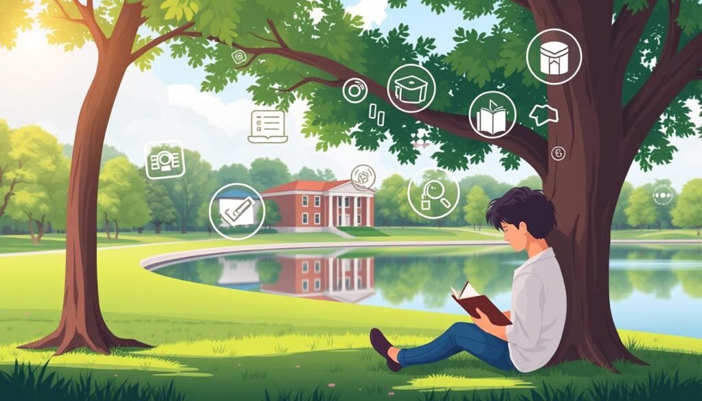 a digital illustration of a college student studying under a tree on a lush, green campus with a serene lake in the background. The student is surrounded by floating icons and symbols representing various easy scholarship opportunities, such as academic achievement, community service, and creative talents. The composition is balanced and visually appealing, with soft, warm lighting and a sense of tranquility and focus. The overall mood conveys the idea of accessible, rewarding scholarship options for diligent and deserving students.
