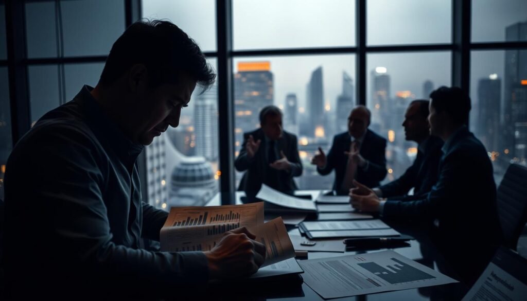 a dimly lit venture capital office, with a large glass window overlooking a bustling city skyline. In the foreground, a financial analyst poring over spreadsheets and charts, a concerned expression on their face. In the middle ground, a team of executives engaged in a heated discussion, gesturing emphatically. The background is hazy, with the outlines of funding proposals and investment decks scattered across the desk. The overall mood is one of tension and uncertainty, reflecting the challenges of securing venture capital funding in a competitive market.