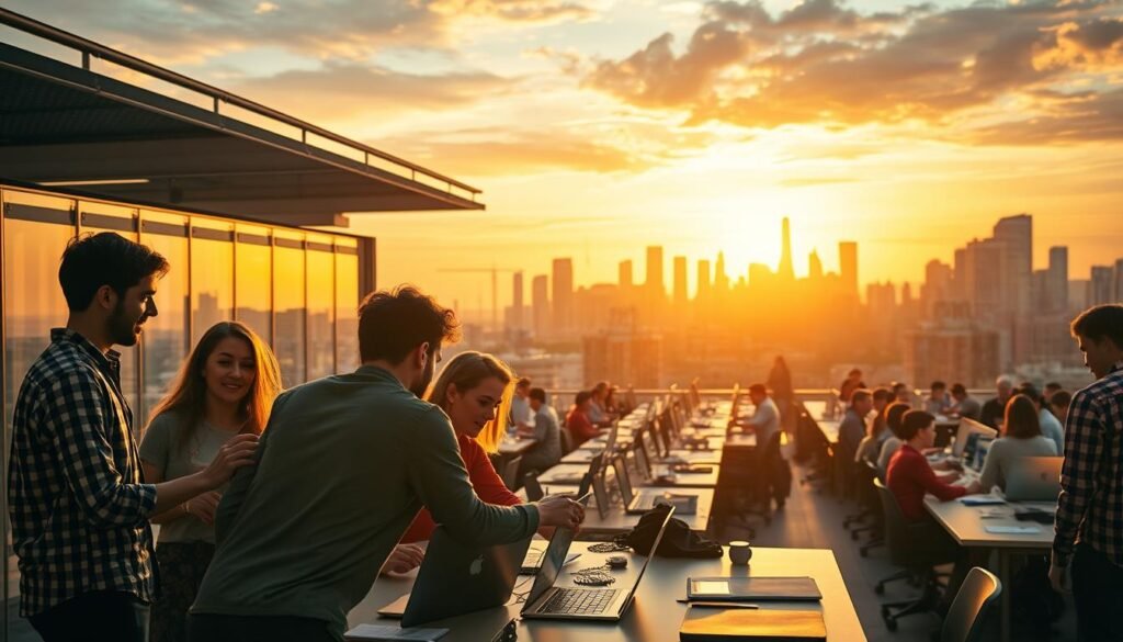 a dynamic, fast-paced scene of a thriving startup ecosystem, bathed in warm, golden-hour light that casts a sense of energy and promise. In the foreground, a team of young, determined entrepreneurs huddled around a table, laptops and whiteboards in hand, strategizing their next steps for rapid growth. In the middle ground, rows of open-plan offices buzz with activity, developers and designers collaborating intensely. In the background, the skyline of a bustling city silhouetted against a vibrant sunset, symbolizing the boundless potential for the startup's expansion. The overall mood conveys a spirit of innovation, collaboration, and the thrill of scaling a business with the support of venture capital.