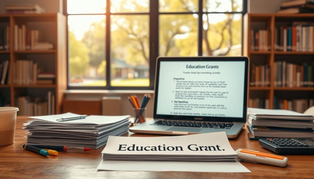 a high-quality, photorealistic image of an educational grants concept. The foreground depicts a stack of documents or folders labeled "Education Grants" on a wooden desk, surrounded by stationery items like pens, highlighters, and a calculator. The middle ground shows a laptop computer displaying information about grant eligibility and application procedures. In the background, there is a bookshelf filled with educational reference books and a large window overlooking a serene, sun-dappled campus setting with trees and buildings. The lighting is warm and natural, creating a sense of professionalism and productivity. The overall mood is one of focused, academic diligence and the promise of educational opportunities.