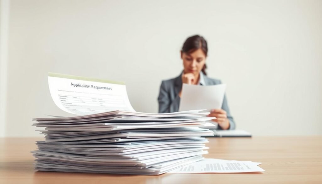 a highly detailed and realistic digital painting of the eligibility requirements for obtaining a loan, set against a clean and minimal background. The foreground depicts a stack of documents, including application forms, income statements, and credit reports, arranged neatly on a desk. The middle ground shows a person, dressed professionally, reviewing the documents with a contemplative expression. The background is a simple, neutral-toned room with clean lines and a sense of order, conveying a professional and authoritative atmosphere. The lighting is soft and diffused, creating a sense of clarity and focus on the essential elements. The overall mood is one of diligence, responsibility, and the careful consideration of financial details.