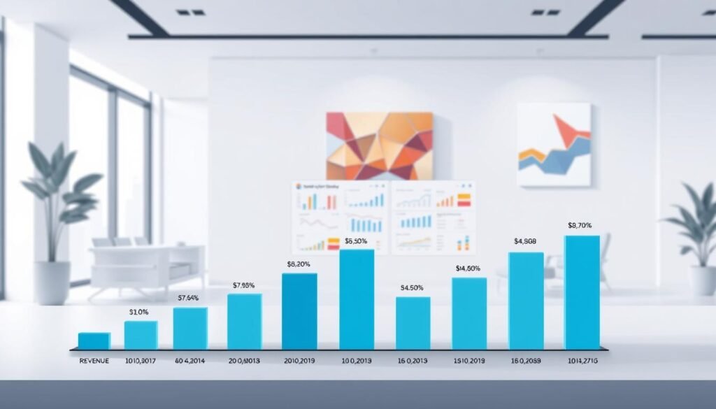 a highly detailed digital illustration of "startup valuation methods" with a clean, minimalist aesthetic. in the foreground, a simple bar graph showing various valuation metrics like revenue, profit, market share, growth rate, etc. in the middle ground, a stylized finance dashboard with charts, reports, and financial calculations. in the background, a modern office setting with sleek furniture, large windows, and a geometric abstract art piece on the wall. the lighting is soft and diffuse, creating a calm and professional atmosphere. the overall composition is well-balanced and visually appealing, highlighting the key concepts of startup valuation in a clear and engaging way.