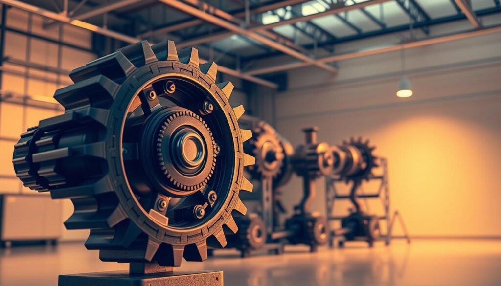 a scalable business growth system, featuring a network of interconnected gears and cogs, symbolizing the automation, efficiency, and adaptability of a well-designed enterprise. The foreground showcases a central gear, its teeth meshing with a series of smaller cogs, representing the integration of various processes and departments. The middle ground displays a complex arrangement of interlocking components, hinting at the multilayered nature of a scalable growth framework. In the background, a sleek, minimalist industrial setting provides a clean, modern backdrop, emphasizing the technological sophistication of the system. Warm, directional lighting casts subtle shadows, adding depth and dimensionality to the scene. The overall composition conveys a sense of harmony, balance, and the potential for exponential expansion.