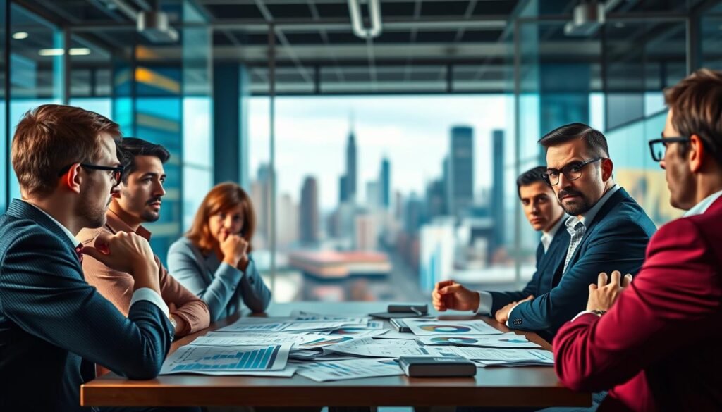 a vibrant, dynamic scene depicting the common mistakes made by startups when raising funds, captured in a realistic, photorealistic style. The foreground shows a group of anxious entrepreneurs presenting their business pitch to a panel of stern-looking investors, their body language and facial expressions conveying the tension and stress of the situation. The middle ground features an array of charts, graphs, and financial documents, representing the complex financial data and projections that startups are expected to provide. In the background, a blurred cityscape provides a sense of the larger business ecosystem, with skyscrapers and bustling streets, emphasizing the high-stakes nature of securing early-stage funding. The overall composition and lighting create a sense of urgency and high-pressure, reflecting the challenges and pitfalls that startups often face when navigating the funding landscape.