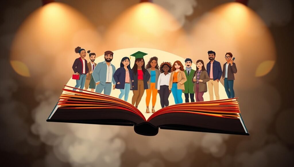 a wide open book floating in midair, the pages flipping open to reveal an illustration of a diverse group of international students from different cultures and backgrounds, standing together and celebrating their academic achievements, the book's pages glowing with a warm, welcoming light, a soft, hazy background with a feeling of optimism and opportunity, the scene captured with a wide, cinematic lens and dramatic, low-angle lighting to create a sense of grandeur and importance